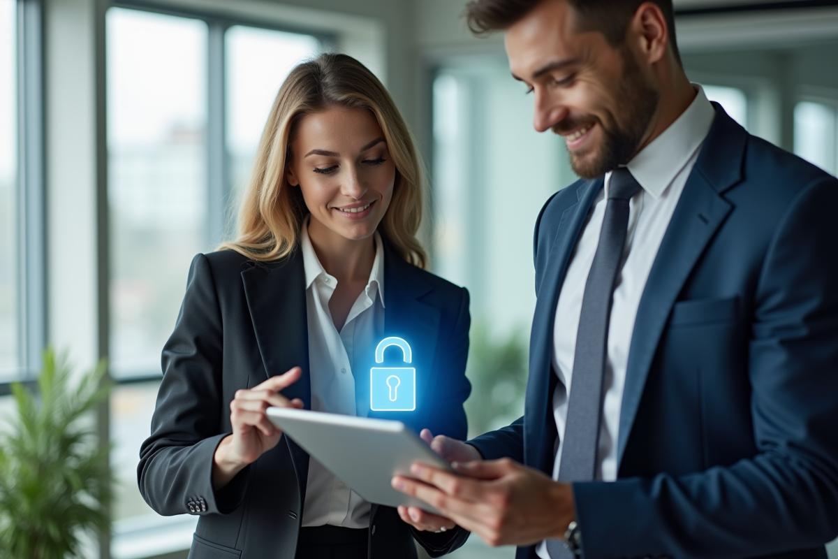 Femme d'affaires et homme discutant de protection des données