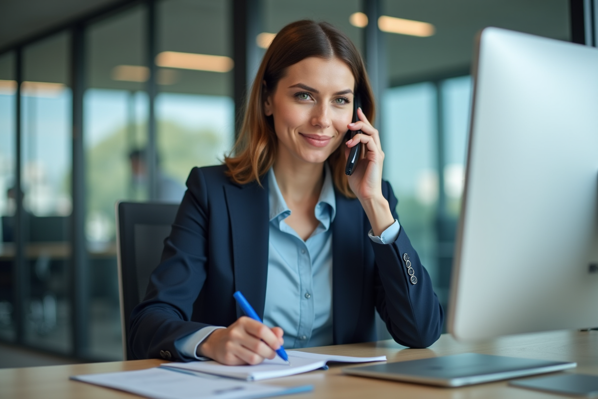 Femme d affaires au bureau parlant au téléphone