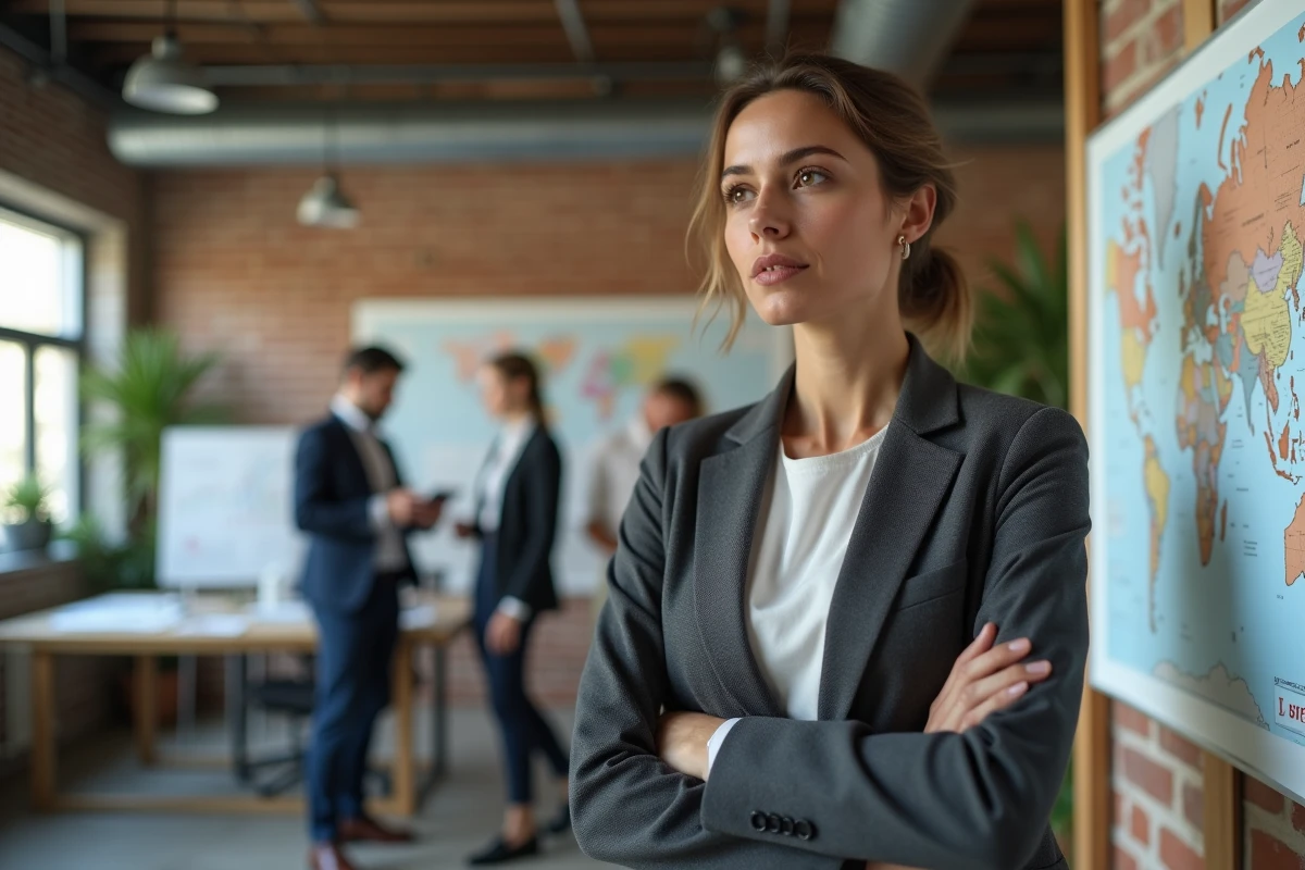 Femme professionnelle examinant une carte mentale dans un espace cr&eacute;atif