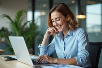 Femme concentrée analysant des graphiques dans un bureau lumineux