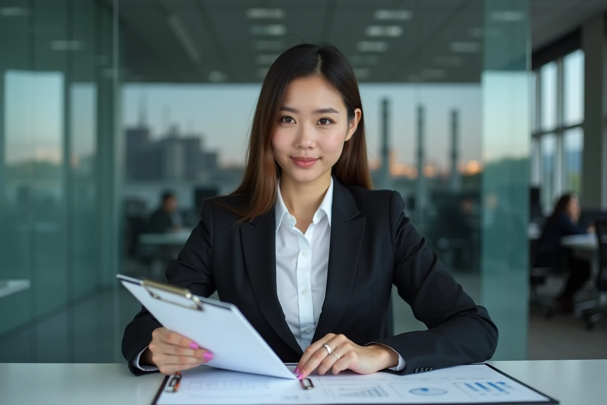 Femme d'affaires analysant des documents dans un bureau moderne