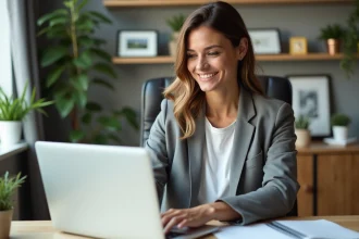 Femme souriante travaillant sur un ordinateur dans un espace cosy