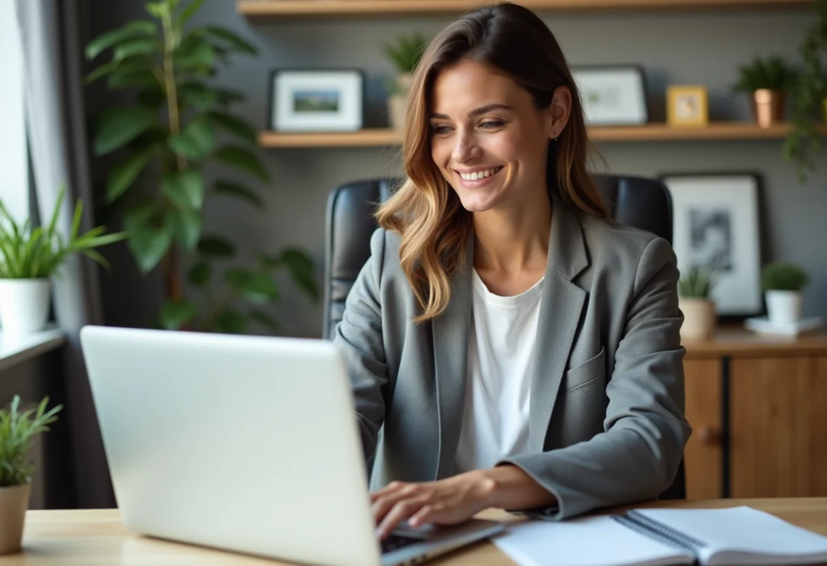 Femme souriante travaillant sur un ordinateur dans un espace cosy