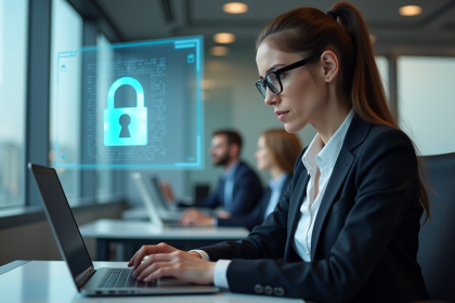 Femme d'affaires avec hologramme de verrou dans un bureau moderne