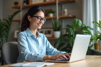 Femme concentrée travaillant sur son ordinateur dans un bureau cosy