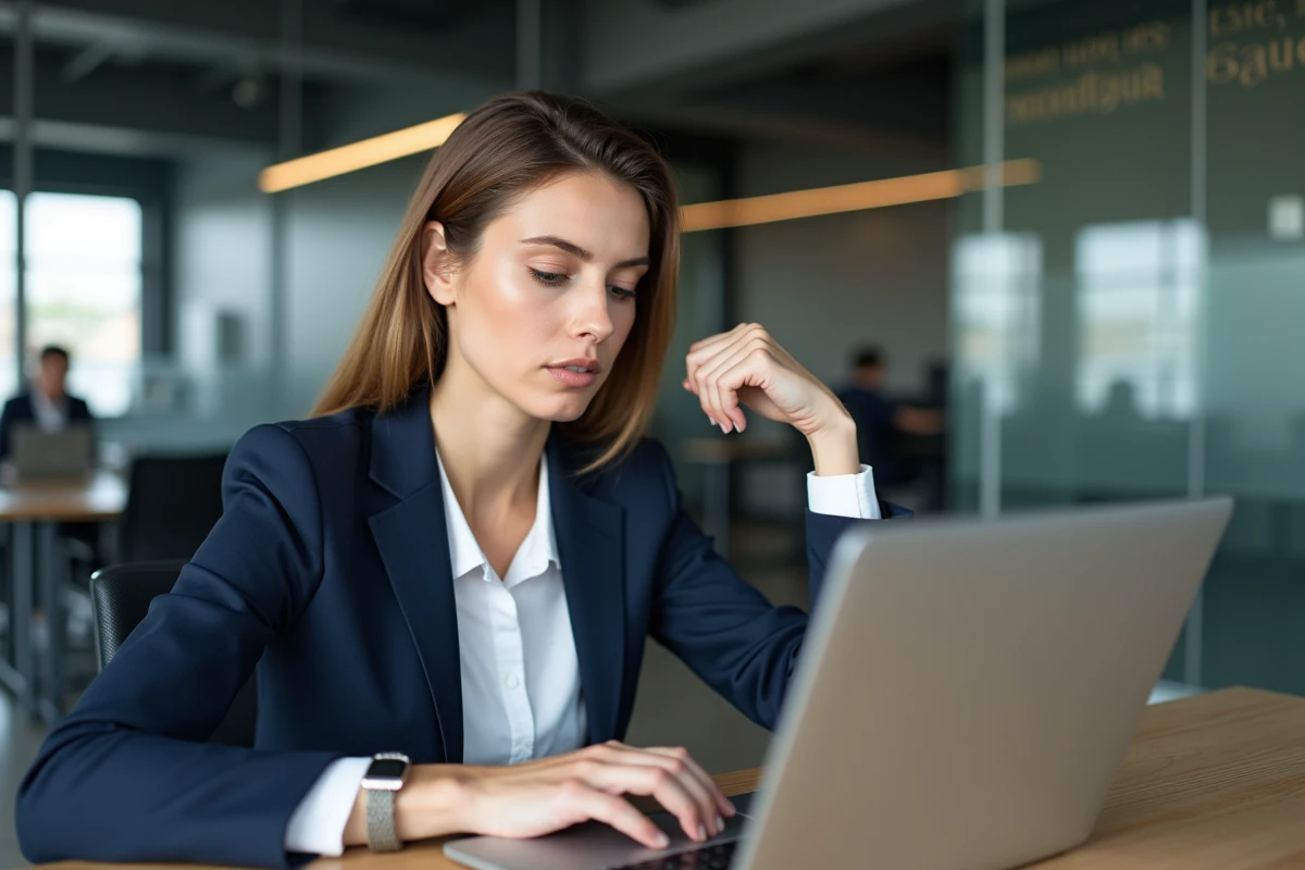 Femme professionnelle en blazer navy travaillant sur son ordinateur