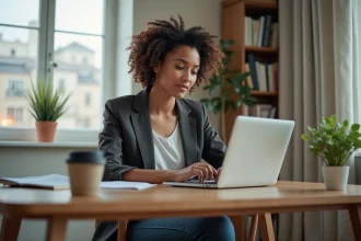 Femme en bureau moderne naviguant sur un annuaire de marques françaises