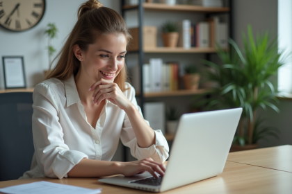 Jeune femme professionnelle travaillant sur son ordinateur dans un bureau lumineux