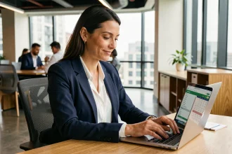 Femme cadre en blazer marine consultant des données salariales sur un ordinateur portable dans un bureau moderne
