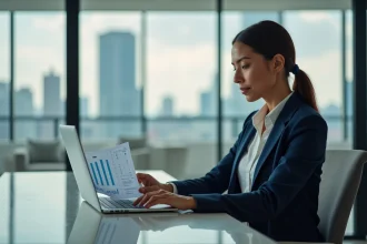 Femme cadre dirigeante travaillant sur des documents financiers dans un bureau moderne avec vue sur la ville, illustrant les métiers bien rémunérés