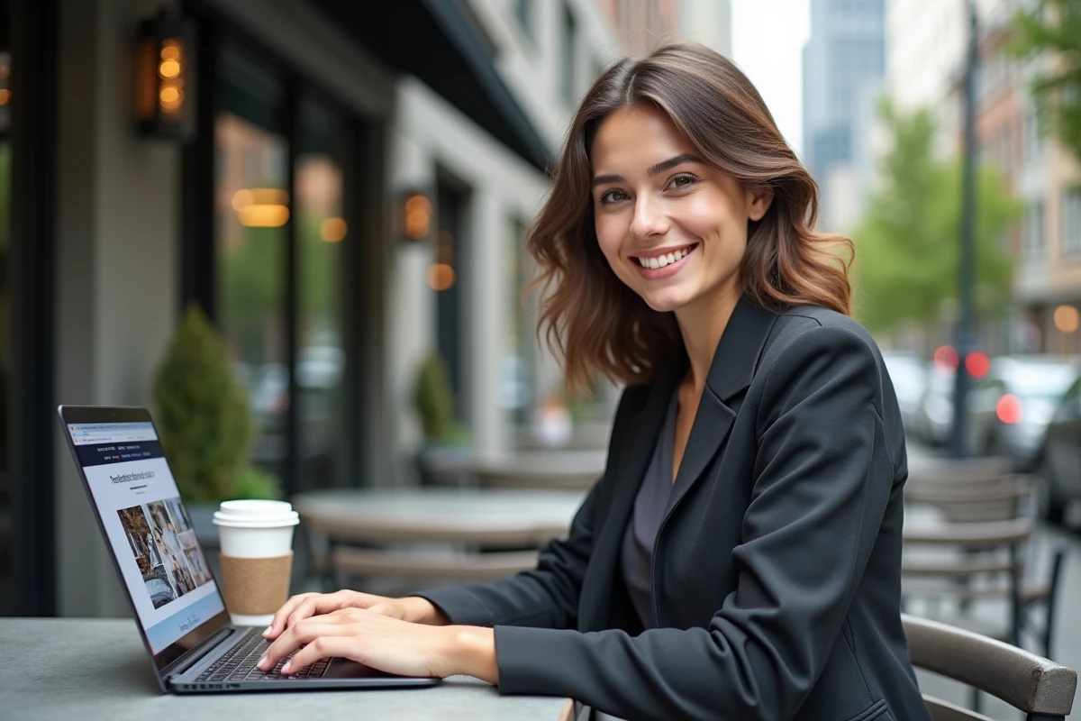 Jeune femme au caf&eacute; utilisant un ordinateur portable