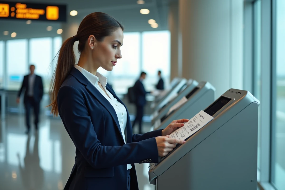 Femme en costume vérifiant son boarding pass à un kiosque