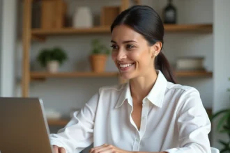 Femme comptable convertissant un devis en facture sur un logiciel de comptabilité en ligne depuis son bureau à domicile