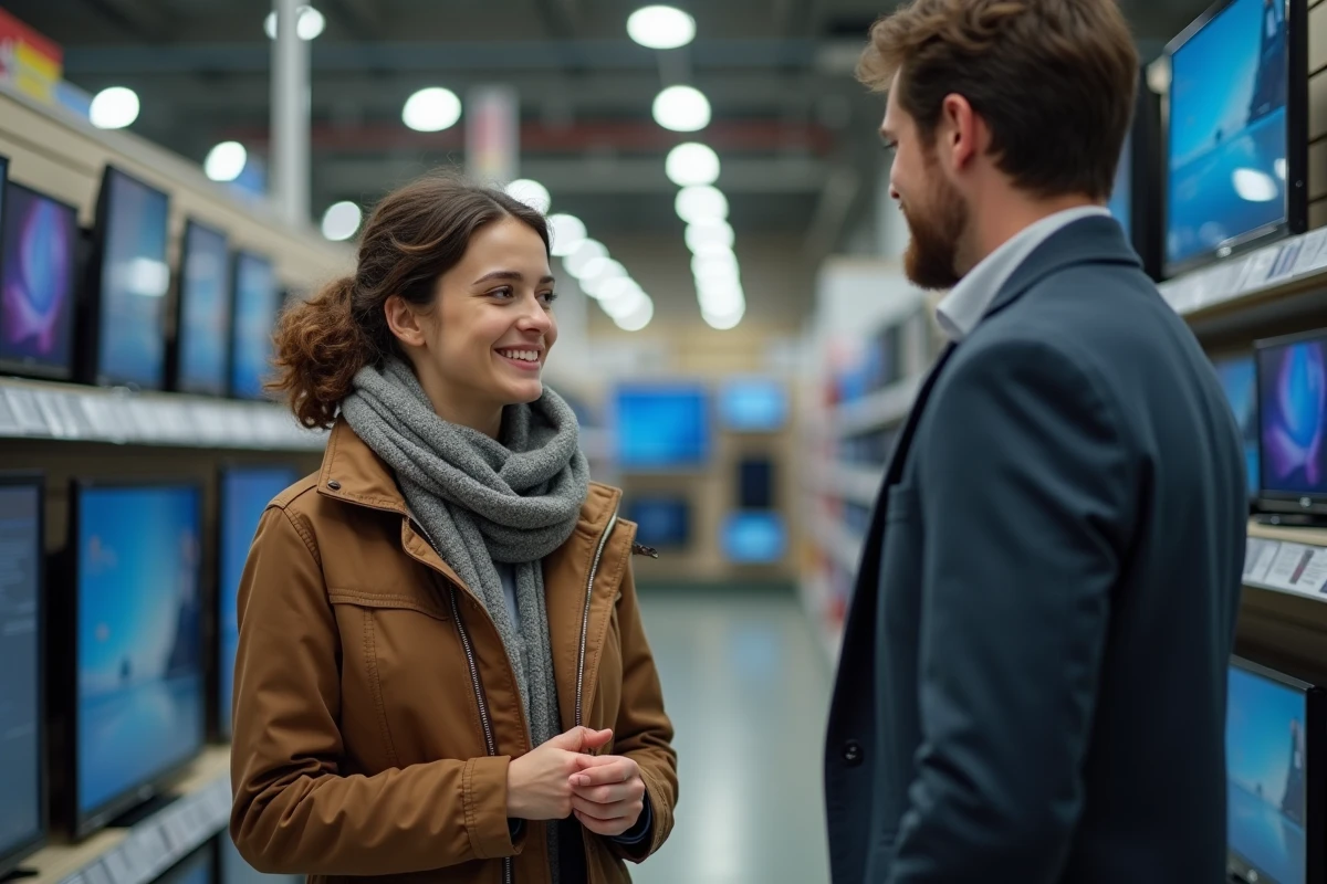 Jeune femme parlant avec un vendeur dans un magasin d