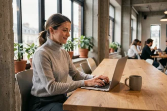 Femme travaillant sur un ordinateur portable dans un espace de coworking moderne à Lyon Part-Dieu, avec vue sur la skyline urbaine