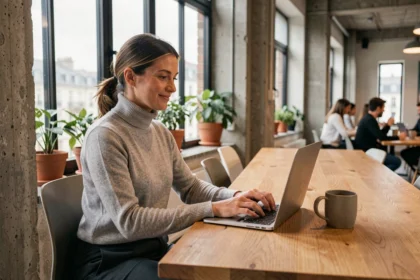Femme travaillant sur un ordinateur portable dans un espace de coworking moderne à Lyon Part-Dieu, avec vue sur la skyline urbaine
