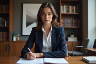 Femme en costume bleu lisant des documents juridiques
