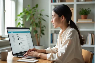 Jeune femme entrepreneur travaillant sur son tableau de bord stan.store avec des offres upsell affichées sur son ordinateur portable dans un bureau minimaliste