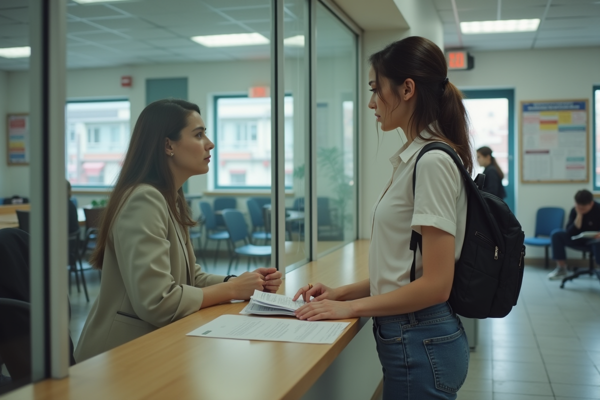 Jeune femme discutant avec un agent dans un bureau public