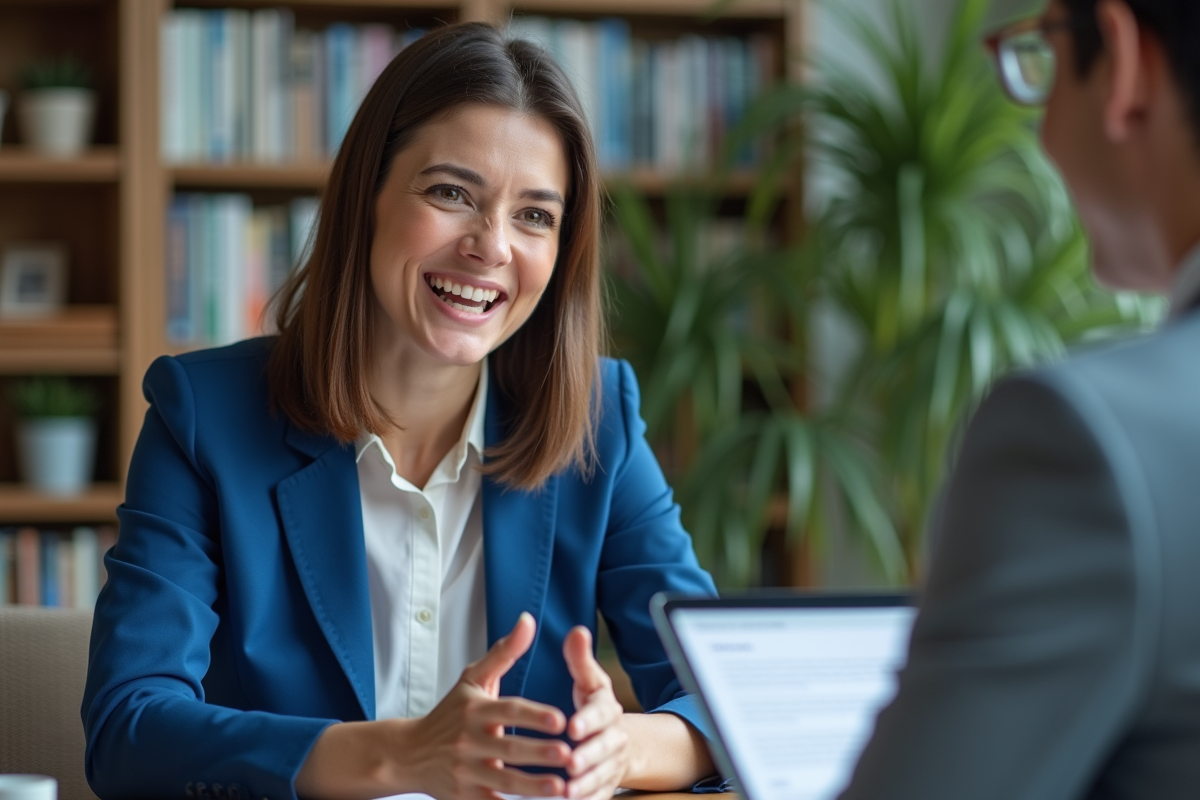 Femme en blazer bleu lors d'un entretien professionnel