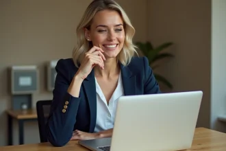 Femme professionnelle exprimant son intérêt lors d'un entretien d'embauche en visioconférence depuis son bureau à domicile