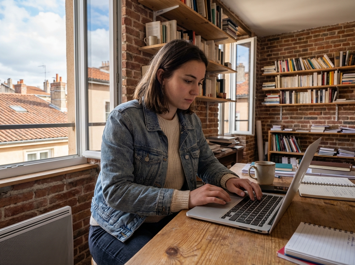 Femme étudiante travaillant sur son ordinateur dans un appartement