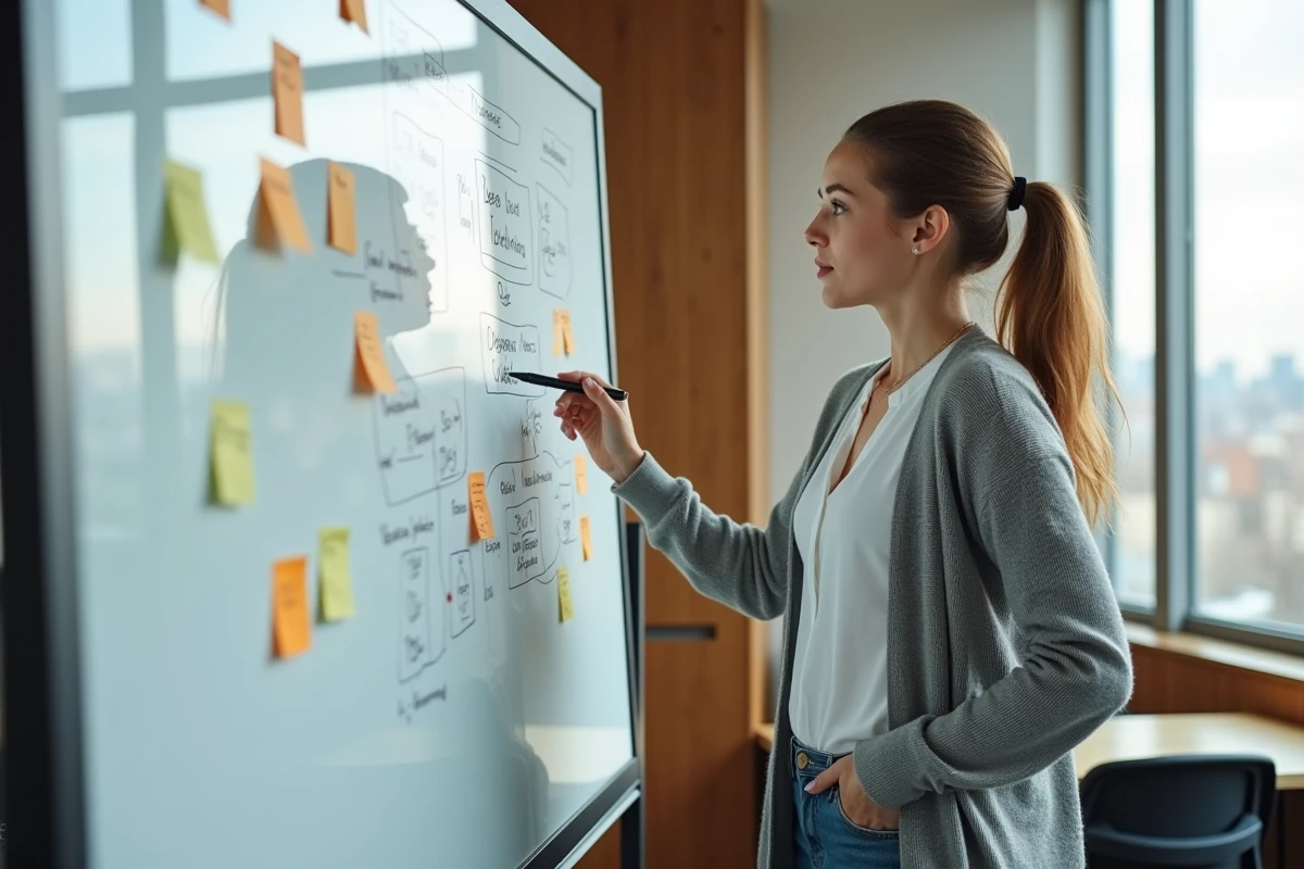 Jeune femme explique un processus devant un tableau blanc