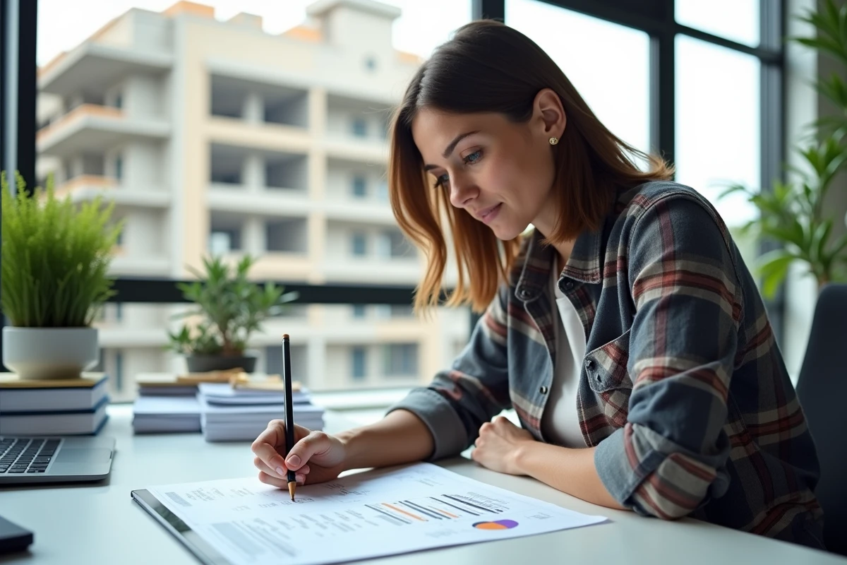 Femme analysant un tableau Excel dans un bureau lumineux