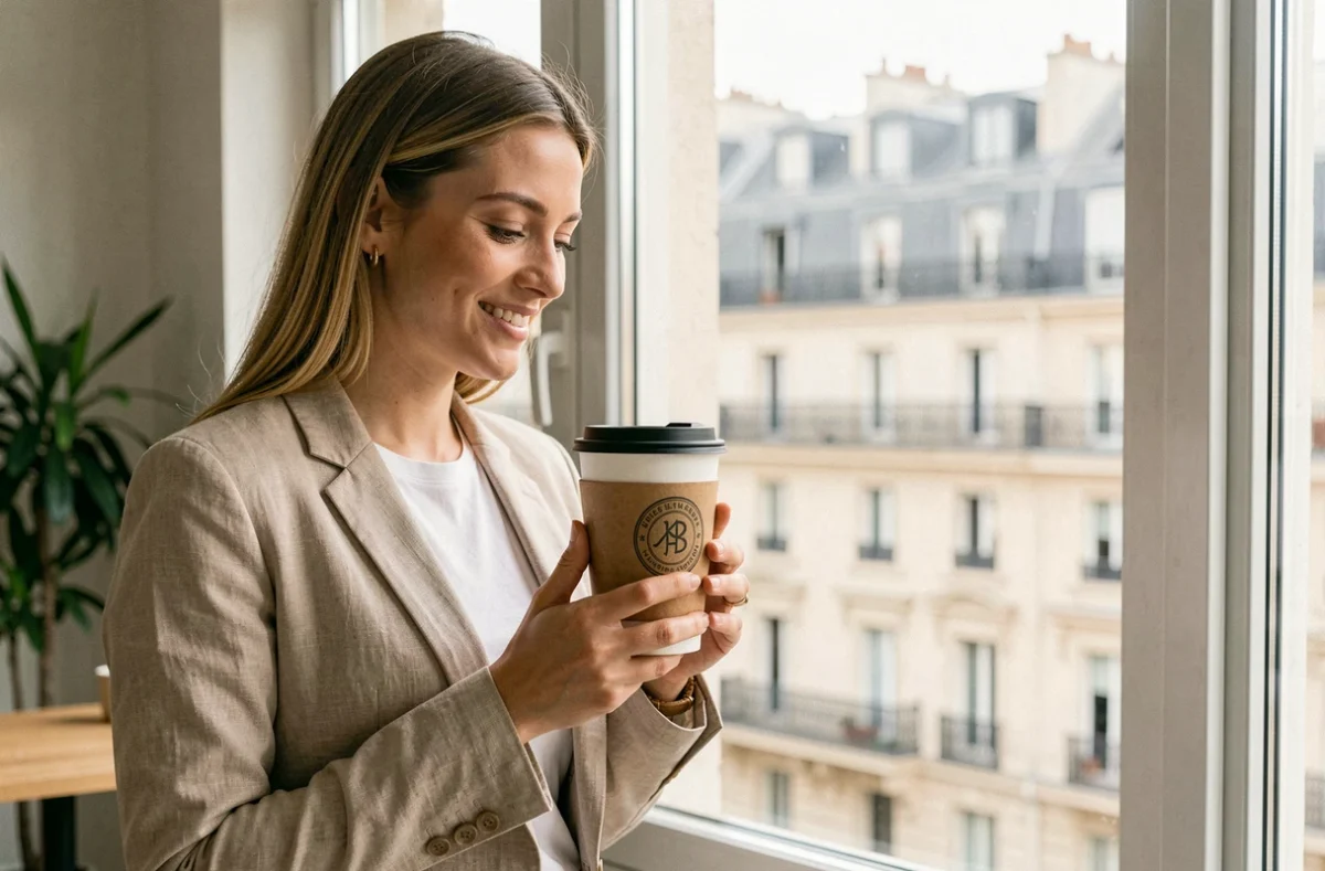 Femme tenant un gobelet personnalisé made in France dans un espace de coworking moderne