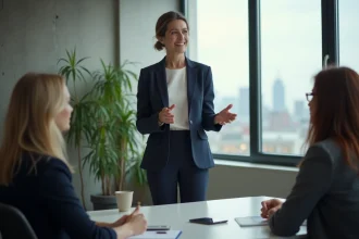 Femme leader naturelle animant une réunion d'équipe avec authenticité et confiance dans un bureau moderne