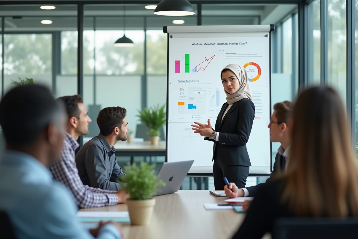 Jeune femme en crown expliquant strategie marketing