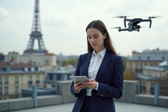 Femme d affaires à Paris avec drone en arrière plan