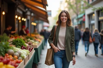 Femme souriante dans un marché urbain dynamique