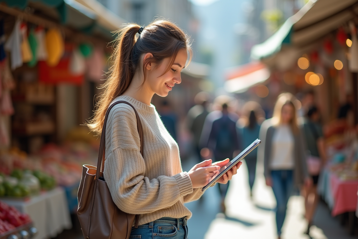 Jeune femme dans un marché urbain utilisant une tablette