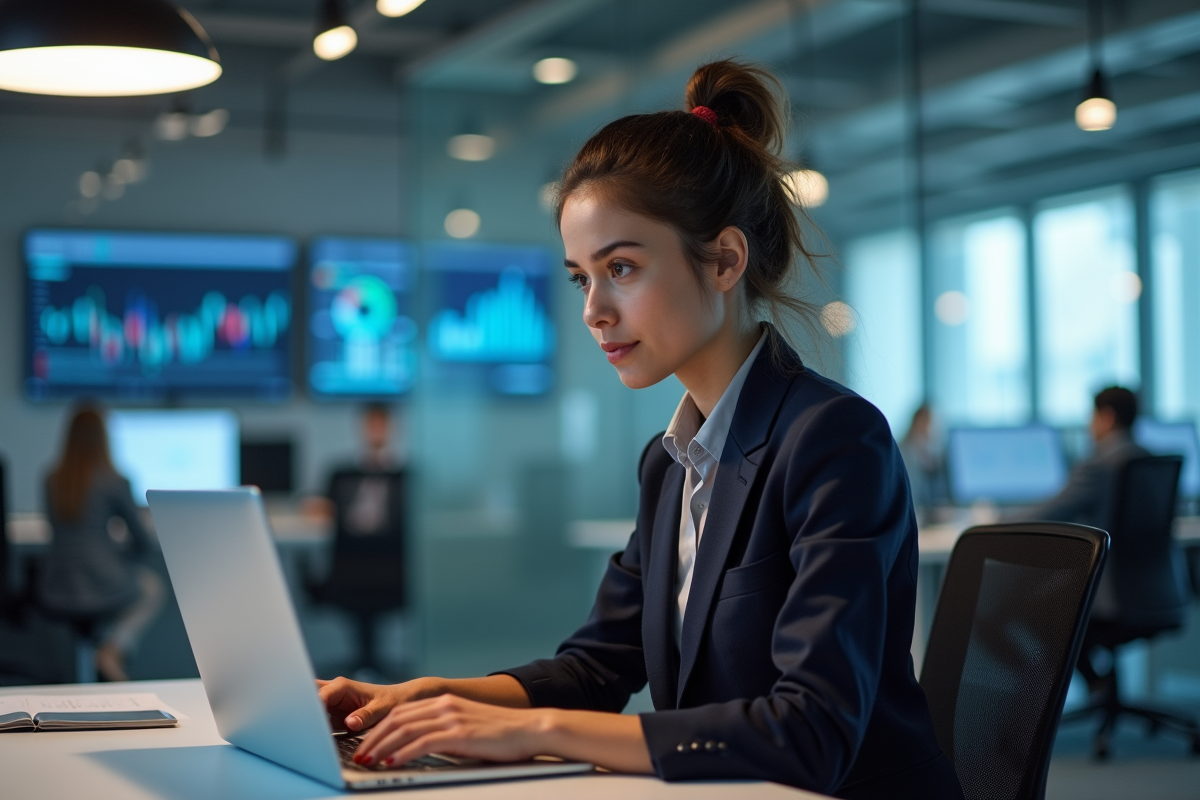 Jeune femme professionnelle analysant des données marketing au bureau