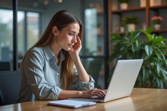Jeune femme compare outils SEO sur son ordinateur dans un bureau moderne