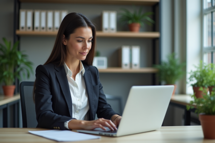 Femme en business casual organisant contacts sur son ordinateur