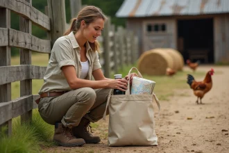 Femme préparant son sac avant une visite à la ferme du Fays avec bouteille d'eau et encas