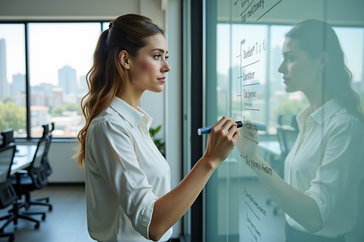 Jeune femme écrivant sur un tableau blanc dans un bureau lumineux