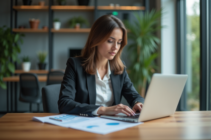 Femme professionnelle analysant des graphiques marketing dans un bureau moderne
