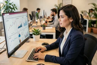 Femme professionnelle analysant des données de croissance sur un tableau de bord numérique dans un bureau moderne