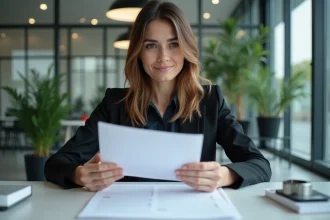 Femme professionnelle en bureau moderne concentrée sur documents