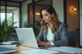 Femme professionnelle concentr&eacute;e sur son ordinateur dans un bureau moderne
