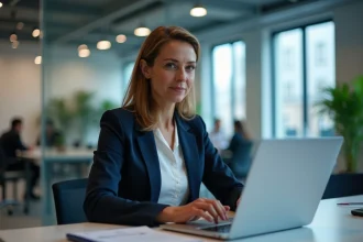 Femme professionnelle connectant Mistral Le Chat à un CRM sur son ordinateur portable dans un bureau moderne