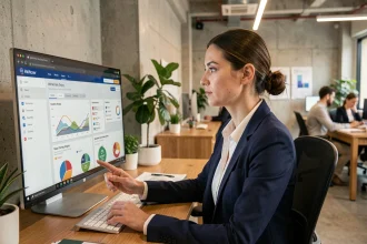 Femme professionnelle utilisant un outil RH numérique sur son écran d'ordinateur dans un bureau moderne