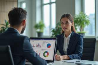 Femme en costume navy travaillant dans un bureau moderne