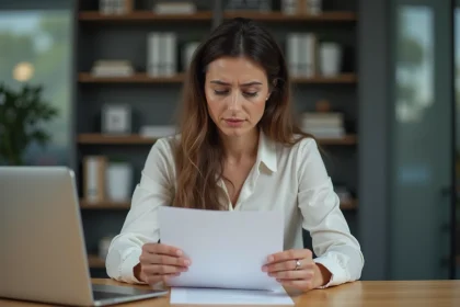 Femme en bureau tenant une lettre de rejet avec expression réfléchie
