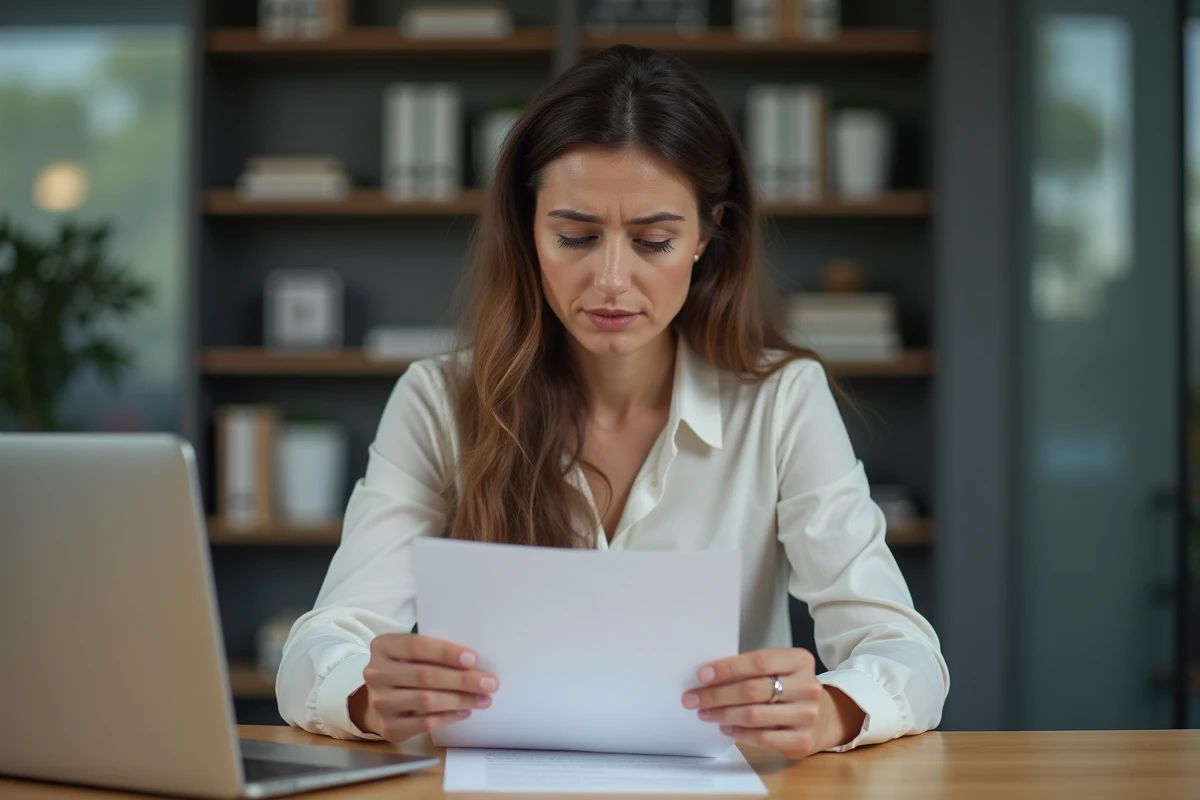Femme en bureau tenant une lettre de rejet avec expression réfléchie