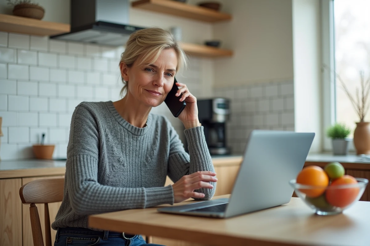 Femme contactant le service client France Télécom par téléphone pour préparer l'installation de la fibre