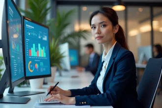 Femme professionnelle consultant un tableau de bord d'acquisition sur un grand écran dans un bureau moderne